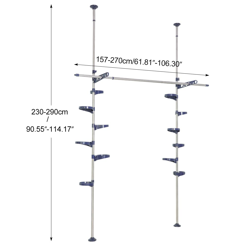 BAOYOUNI Indoor Tension Plant Pole Stands Double Rods Flower Pots Storage Shelf Floor to Ceiling Display Rack Hanger with 12 Trays, 2 Hooks & 1 Telescopic Rod for Clothes Drying, Navy Blue