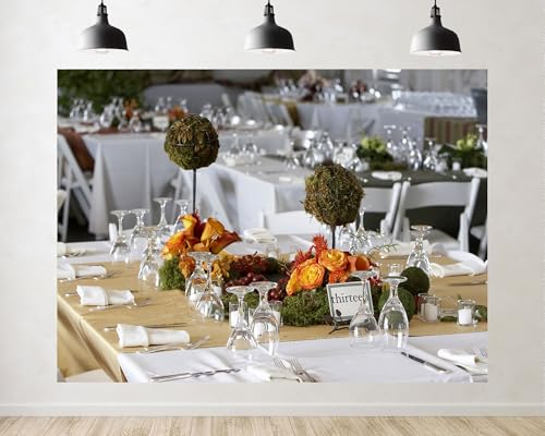 Trykid 8x8ft Wedding Table Centerpieces Backdrop Orange Roses Moss Balls Table Number Thirteen Photography Background Event Styling Tapestry Party Decoration Photo Studio Prop Fabric - size: 8x8ft