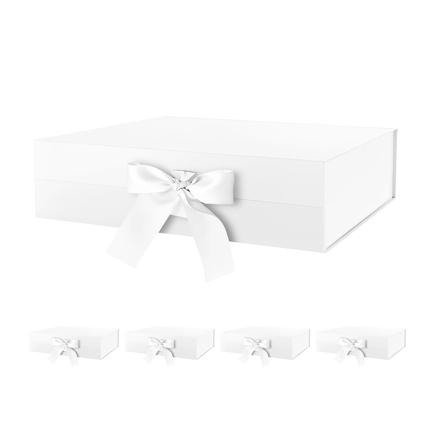 HAPPY POTATO 5 Large Gift Boxes with Lids and Ribbon 13.5x9x4.1 Inches, Bridesmaid Proposal Boxes, Magnetic White Gift Boxes for presents (Glossy White, Pack of 5)