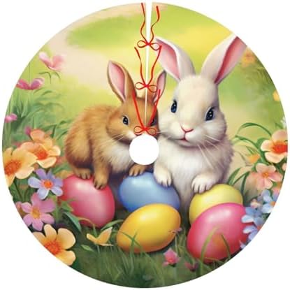 Christmas Tree Skirt, Easter Holiday Easter Rabbit Bunny Eggs Spring Flower Xmas Large Tree Mat, New Year Festive Holiday Party Decorations 30" inches