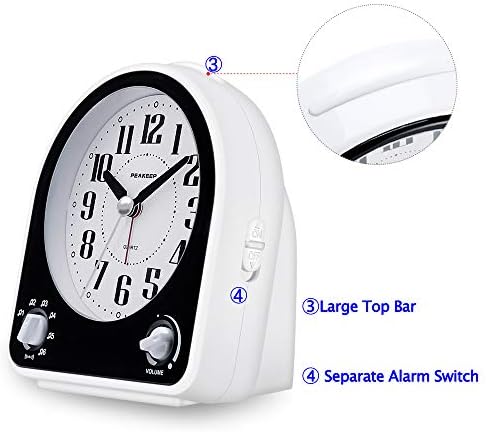 Peakeep Analog Alarm Clock Non-Ticking Silent, 7 Wake-up Sounds | with Volume Control, Nightlight and Snooze, AA Battery Operated (Black)