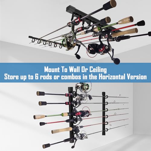 Aventik Fishing Rod Holder for Garage, Ceiling, Wall Mounted Fishing Rod Rack 6 Fishing Pole Storage Vertical/Horizontal Garage Slide Fishing Pole Rack - style: Black