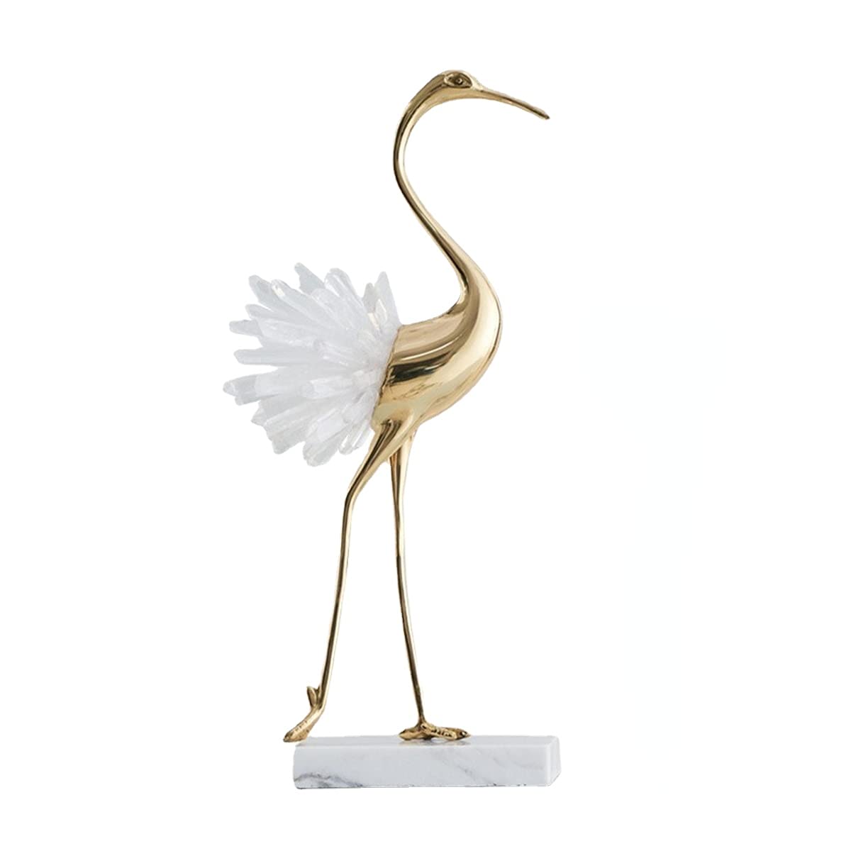 suruim Elegant Gold Crane Bird Statues with Crystal Tail Accents, Decorative Brass Figurines for Home Decor (White B)
