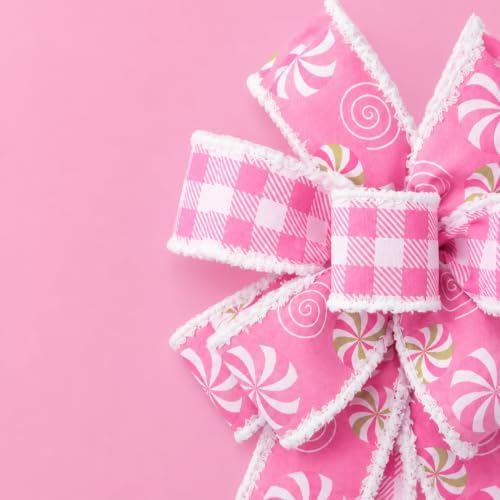 2 Pack Large Pink Christmas Bows for Wreath, 20 x 11 Inch Pre-Tied Wired Ribbon Bows, Candy Theme Tree Topper Bow for Front Door, Garland, Fireplace, Indoor Outdoor Holiday Decorations (Pink)