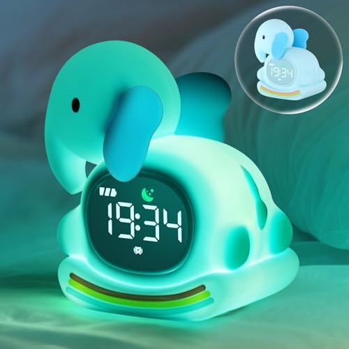 Elephant Alarm Clock with Night Light for Kids,Toddler Sleep Training Clock Ok to Wake Clocks for Girls and Boys, Kids Clocks for Bedrooms,Kids Alarm Clock,Rechargeable,RGB,Gift Ideas for Kids Child