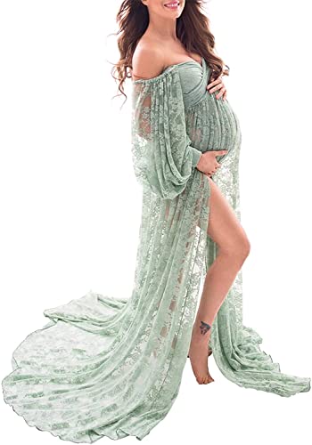 Saslax Soft Stretchy Lace Off Shoulder Doubly Split A-line Skirt Maternity Dress Pregnancy Maxi Gown for Photoshoot - color: Sage, size: Small