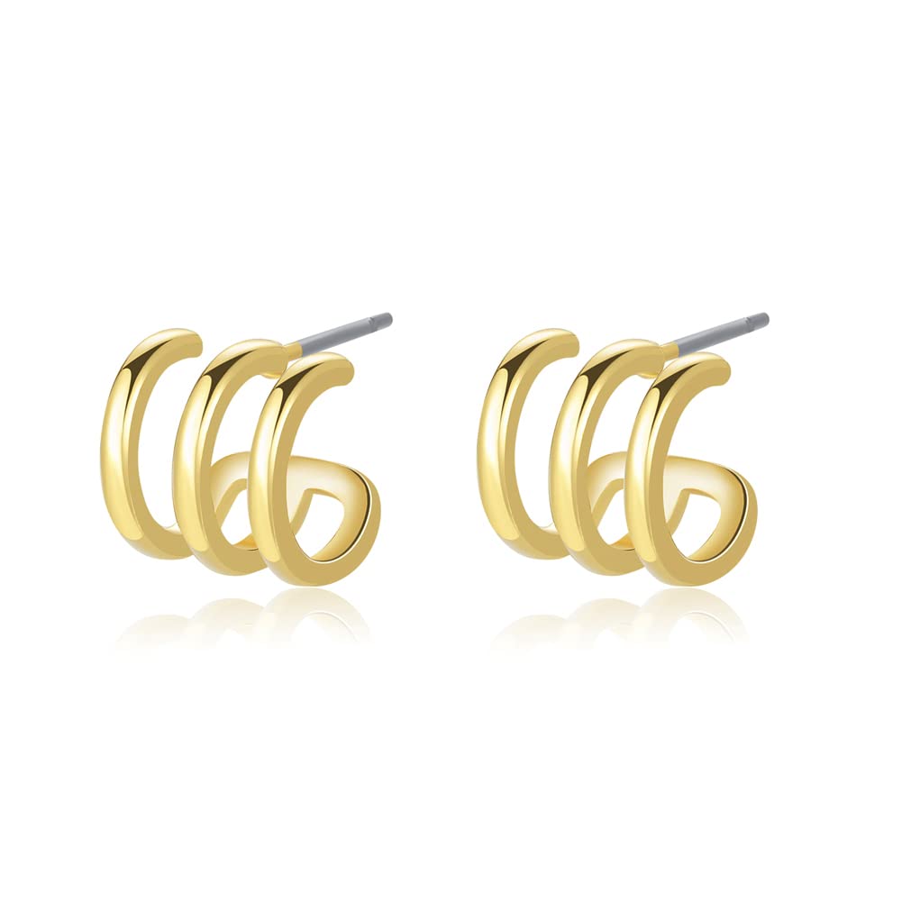 Obidos 14K Gold Plated Illusion Stud Earrings for Women | Triple Huggie Hoop Earrings for One Hole