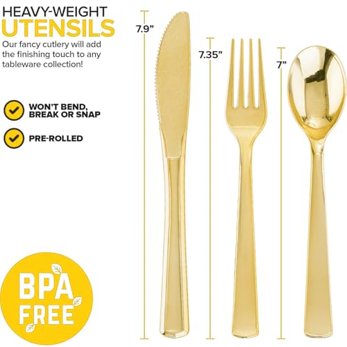 200Guests Pre Rolled Gold Plastic Silverware Sets - Heavy Duty Gold Cutlery - Include 200 Pack Wrapped Disposable Utensils with Napkins for Parties & Dinners & Weddings - color: 200Pack - Gold
