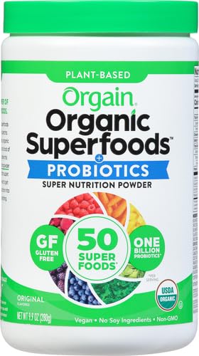 Orgain Organic Greens Powder + 50 Superfoods, Original - 1 Billion Probiotics for Gut Health, Antioxidants, Vegan, Plant Based, Gluten Free, Non GMO, Dairy Free Juice & Smoothie Mix - 0.62lb
