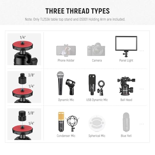 NEEWER Desk Stand with 2 Telescopic Boom Arms Phone Holder for Mic Camera Webcam Ring Light, Desktop Overhead Microphone Mount with C Clamp, Ball Heads, Screw Adapter, Cleaning Cloth, TL253A+DS001 - style: TL253A+DS001 w/Cleaning Cloth