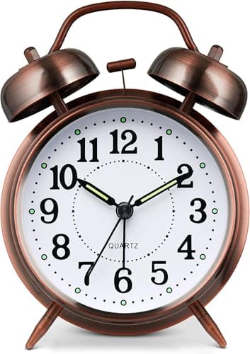 Azyh Loud Alarm Clock for Heavy Sleepers Adults, Metal 4 Inches Twin Bell Battery Operated Alarm Clocks for Bedrooms Decoration, Silent Non-Ticking, Back-to-School Gift (Red Brown)