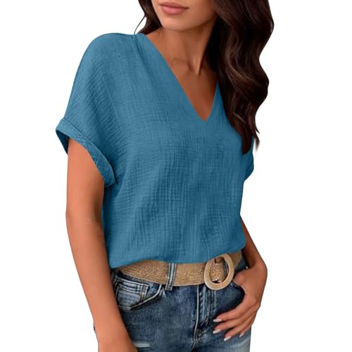 Womens Shirts Cotton Linen v Neck Short Sleeve Blouses Casual Loose Fit Textured Summer Pullovers Daily Wear - color: A04-navy, size: Large