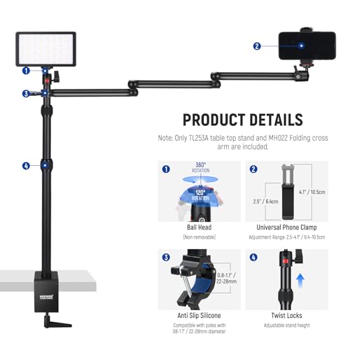 NEEWER Upgraded Overhead Camera Rig with Trifold Camera Boom Arm (Max Load 2lb), 47"/1.2m Telescopic Desk Mount Stand (Max Load 8.8lb) with Phone Clamp Ball Head for LED Light Webcam Mic, TL253A+MH022 - style: TL253A+MH022