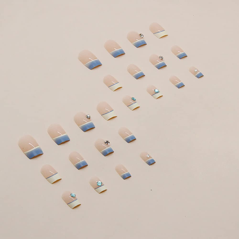 DOUBNINE Press On False Nails Medium Coffin Square Rhinestone Star Fake Nails Ocean Blue French Tip Ballerina Gradient Acrylic Full Cover Bling Summer False Nails for Women