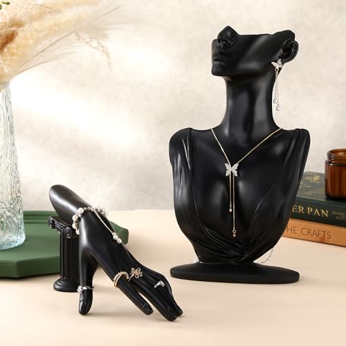 Yalikop 2 Pcs Jewelry Mannequin Display Set Necklace Bust Mannequin Earring Stand Hand Bracelet Ring Stand for Selling Show - color: Black