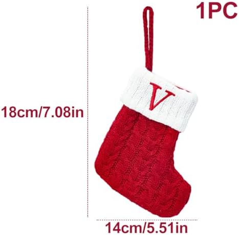 Christmas Stocking Monogram Hanging Socks 7??5.5 Inch Knit Small Sock Hanging Ornament Gift Bags for Xmas Tree Fireplace Home Decoration (V)