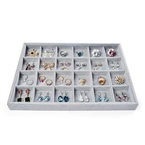 Oirlv 24 Grid Ice Velvet Jewelry Drawer Organizer Tray Stackable Jewelry Trays Removable Dividers for Rings Earring Storage Display - size: 24 Grid Tray