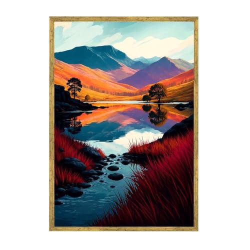 Framed Autumn Mountain Lake Landscape Canvas Print Modern Minimalist Poster Painting Wall Art Stunning Wall Decor for Living Room Bedroom Home Decor Pictures (16L x24W,Gold Framed) - size: 16L"x24W"