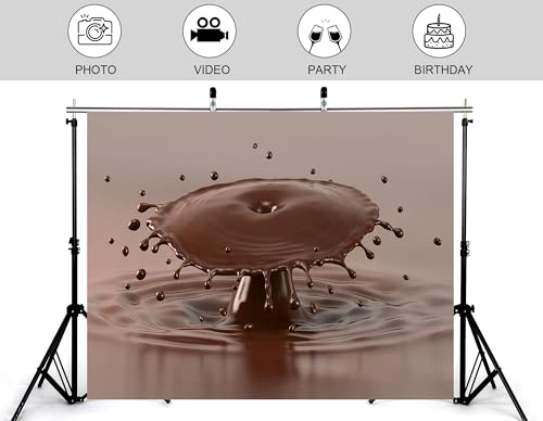 7x5ft Melted Chocolate Splash with Flying Droplets Backdrop Smooth Rich Brown Liquid Texture Photography Background for Dessert Baking Themed Party Decorations Banner Photo Booth Props - size: 7x5ft