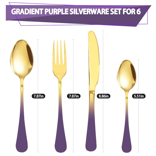 24 Pieces Flatware Set, Stainless Steel Cutlery Set with Silverware Holder, Modern Gold Silverware Set Includes Dinner Knives Forks Spoons,Hanging Silverware Set Service for 6 (Purple) - color: Purple