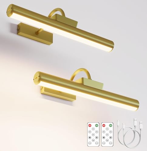 Picture Light Battery Operated, 13in Wireless Art Light for Paintings, Dimmable 5000mAh Recharging Battery Picture Light with Remote Control for Wall, Gallery Dartboard Art Bedroom (Gold-2PACK) - color: Gold, size: 2Pack-13in