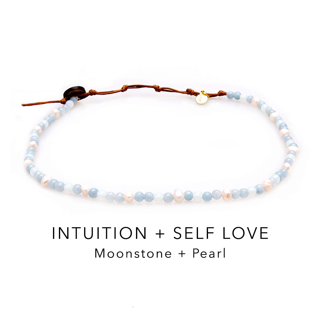 Lotus and Luna 4MM Energy Chakra Healing Necklace with Real Stones Jade, Pearl, Rose Quartz, Amethyst, Moonstone (Intuition + Self Love)