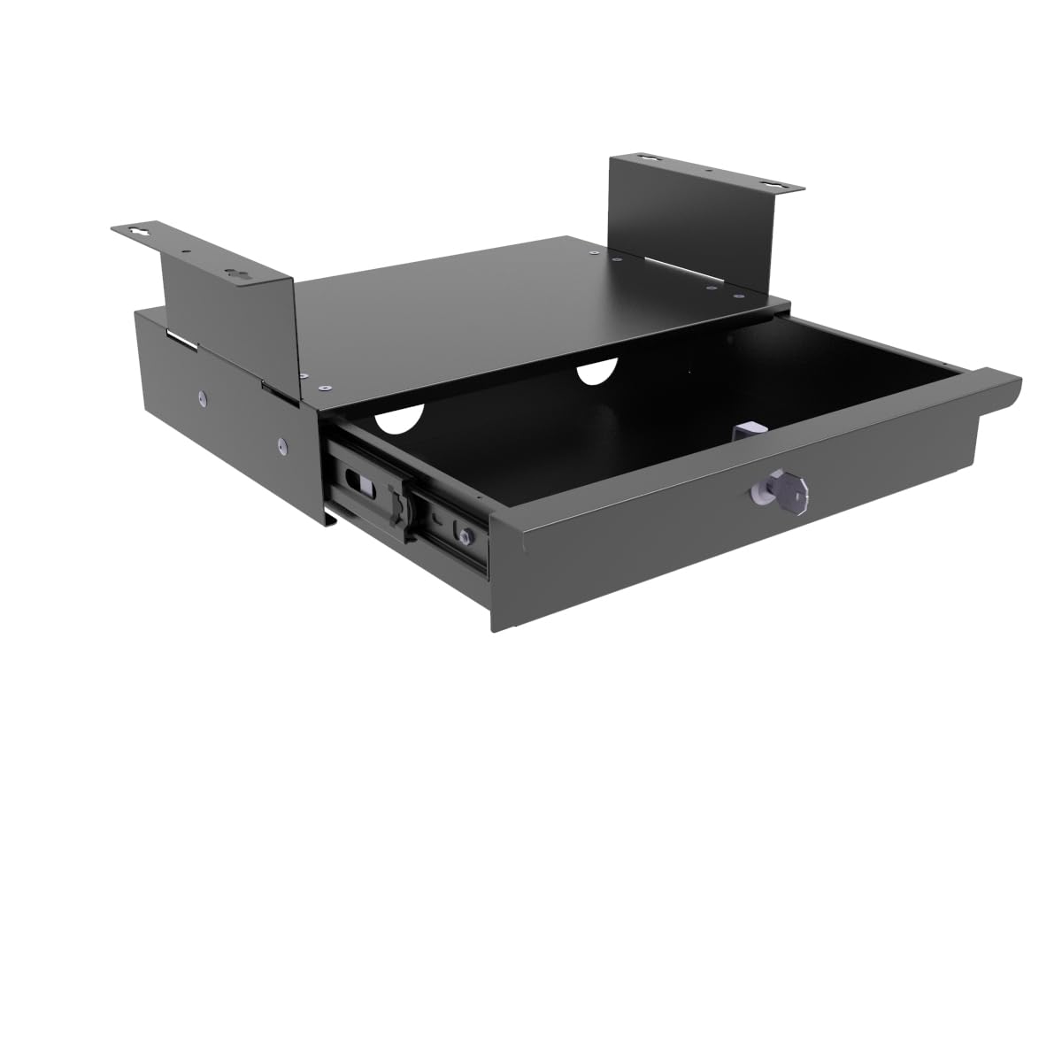 Mofangtech Under Desk Drawer Sliding Out Attachment with Shell, 15.6" x 10" x 5.07" Pull Out Lockable Drawer Storage Organizer with Cable Mangement for Workbench or Standing Desk with High Crosspiece