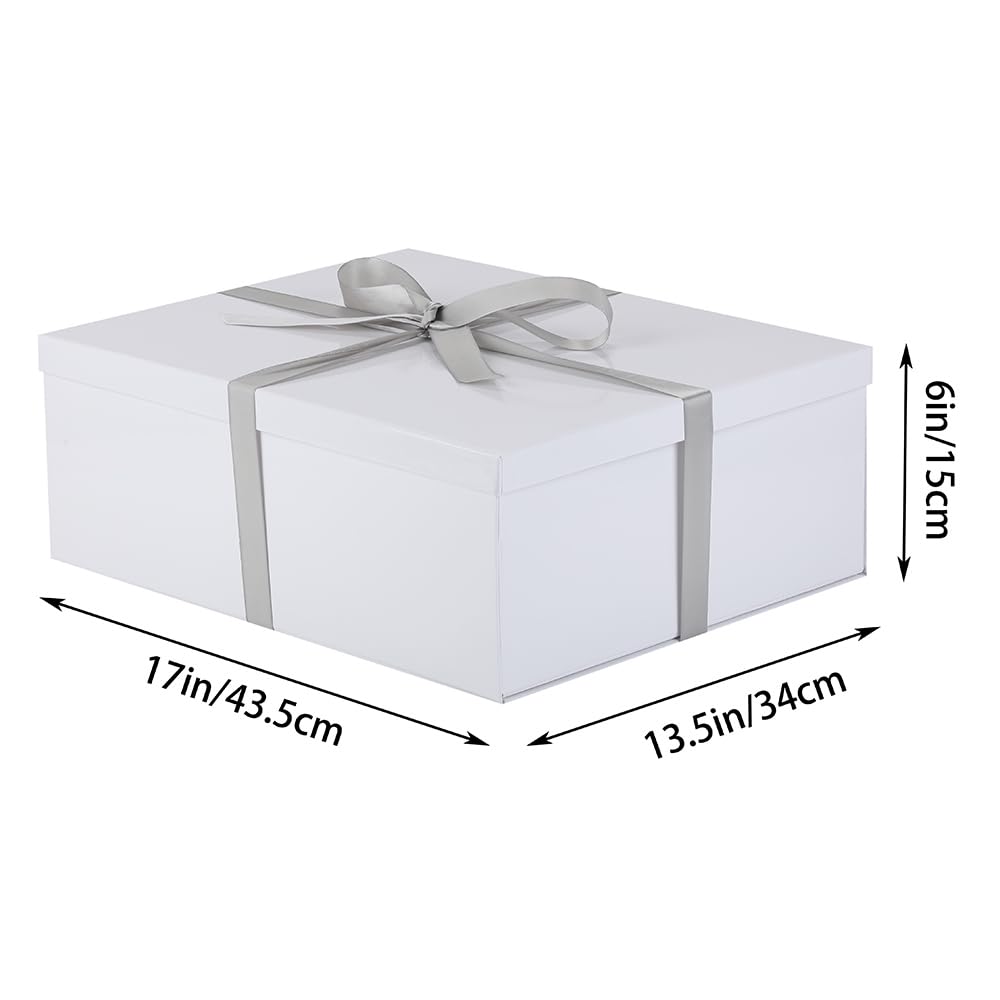 Extra Large Gift Box with Lid 17x13x6 Inches, White Gift Boxes for presents Packaging for Birthdays, Valentine's Day, Christmas, Anniversaries (Include Shredded Paper Fill, Envelope Card Ribbon)