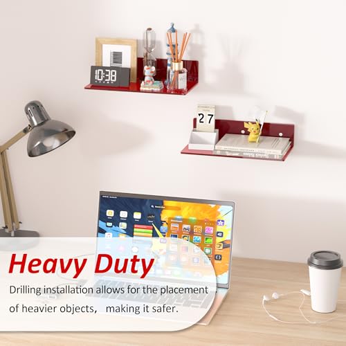 Sezanrpt 12 Inches Red Small Wall Shelves, Acrylic Bathroom Floating Shelves for Living Room, Bathroom, Bedroom, 2 Pack - color: Red, size: 12 Inch