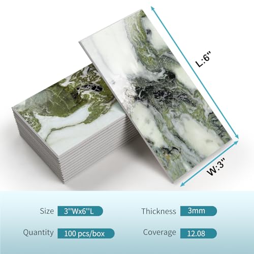 Vamos Tile 100-Piece Glossy Ice Green Peel and Stick Backsplash Tile,3''x6'' PVC Subway Tile with White Grout,Stick on Backsplash for Kitchen/Bathroom/Fireplace - color: Ice Green