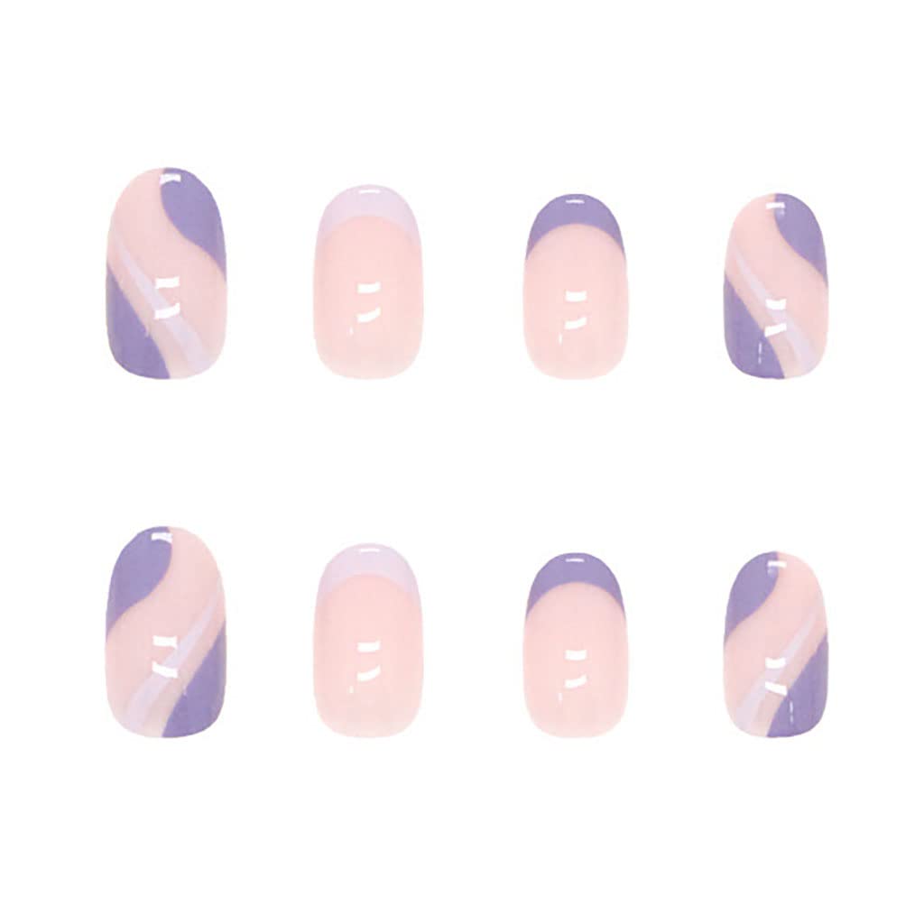 RikView French Tip Press on Nails Short Fake Nails Oval Purple Nails for Women with Swirls Design