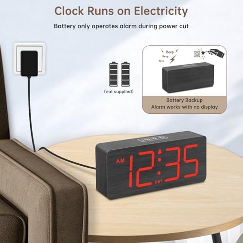 DreamSky Wooden Digital Alarm Clock for Bedroom with Large Numbers | Desk Clocks for Living Room, Loud Alarm for Heavy Sleepers with Volume Control, Dimmer, DST, Office Wood Decor (Plug-in)