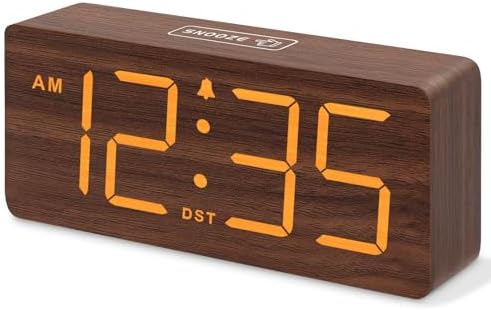 DreamSky Wooden Digital Alarm Clock for Bedroom with Large Numbers | Desk Clock for Living Room Office, Loud Alarm for Heavy Sleepers Adults, Volume Control, Dimmer, DST, Wood Decor (Plug-in)