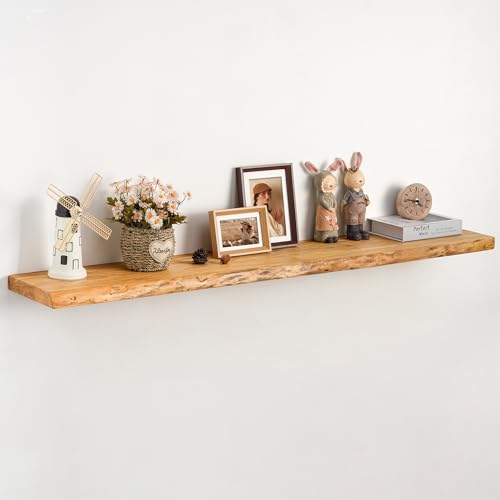 Live Edge Floating Shelf 55 Inch Extra Long | Solid Rustic Elm Wood with Invisible Brackets | Wall Mounted Shelf for Living Room, Kitchen, Bathroom | Natural - color: Clear Natural, size: 55"L, 1-Pack
