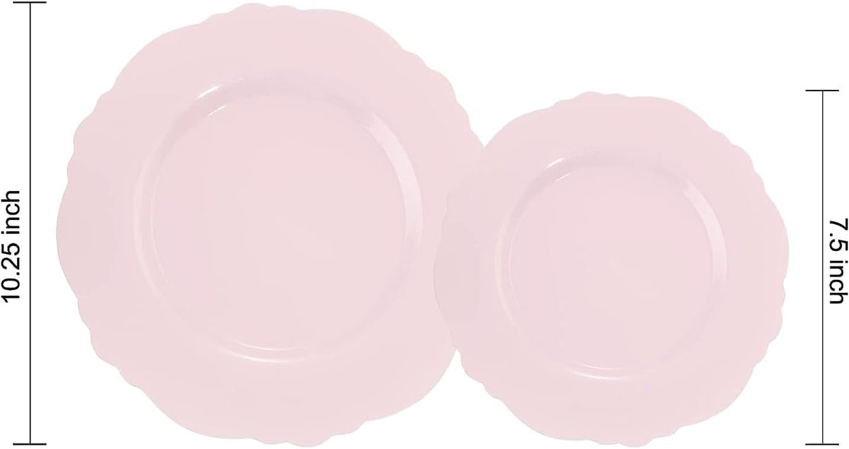 WDF 60pcs Pink Plastic Plates - Baroque Pink Disposable Plates Including 30 Dinner Plates 10.25inch, 30 Dessert Plates 7.5inch for Upscale Wedding &Parties