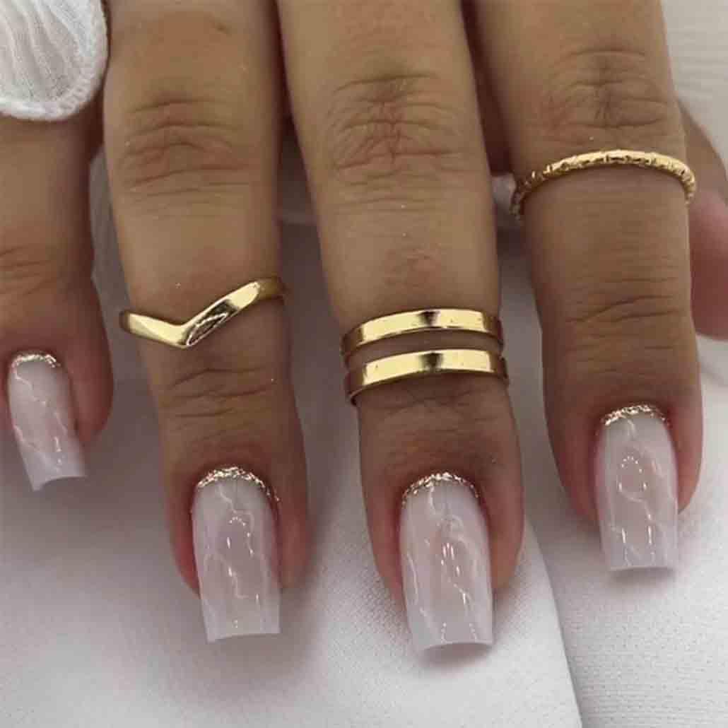 Foccna French Tip Press on Nails Medium, Pink Fake Nails Square Luxury Acrylic False Pink Marble Nails,Artificial Rhinestone Nails for Women and Girls,24 pcs