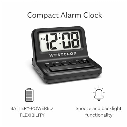 Westclox LCD Digital Bedside Alarm Clock with White Backlit Display and Snooze Function, Battery Operated, (Black, 3-Inch)