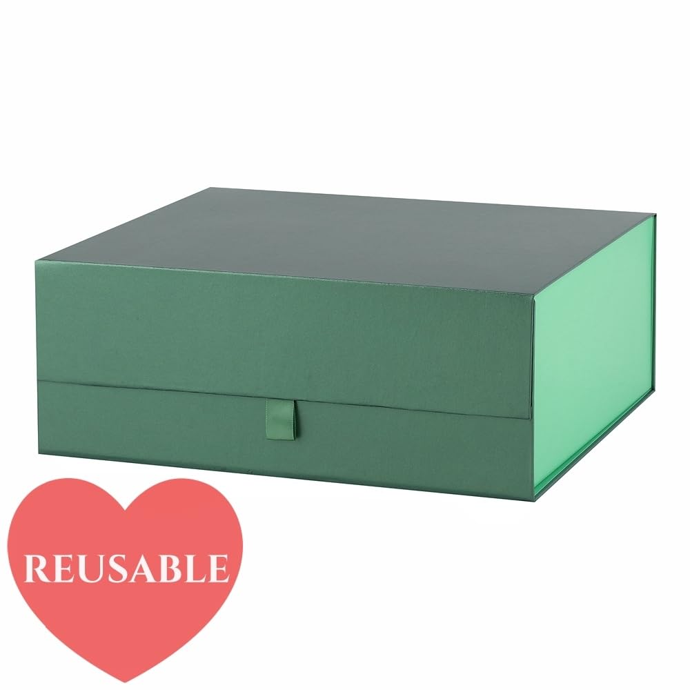 PLINJOY Large Gift Box 13.5x11.8x4.7 Inches, Green Gift Boxes for Presents with Magnetic Closure Lid, Luxury Gift Box Rectangle Collapsible Boxes for Gift Packaging