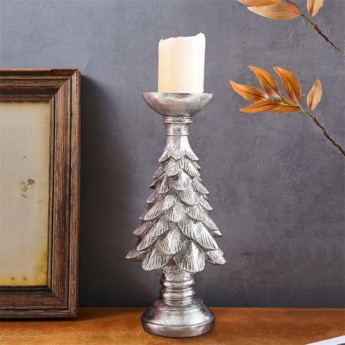 Resin Decorative Stand with Christmas Tree Pedestal, Distressed Finish Round Tray Accent for Holiday Home Decor Holiday Holder Christmas Tree Stand Resin Mantel Decor Table Centerpiece Vintage
