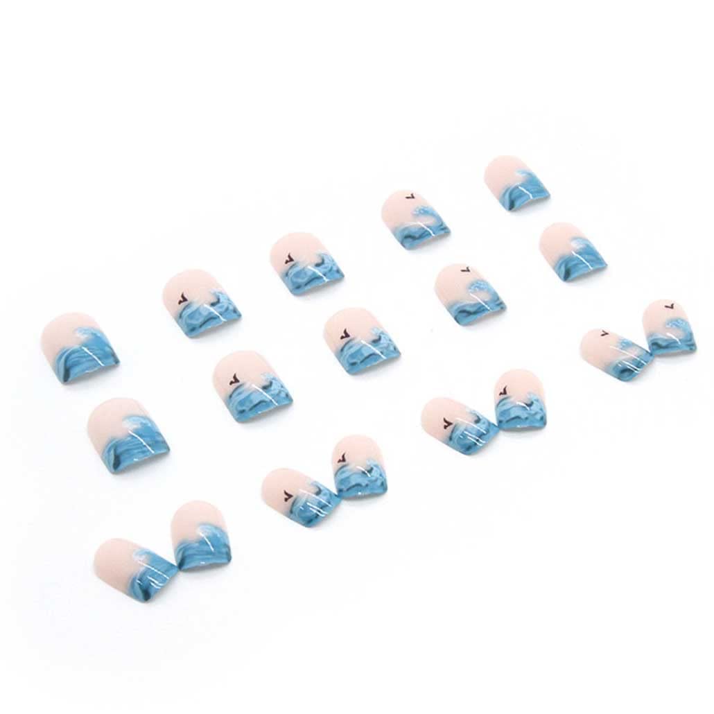 Foccna Glossy French Tip Press on False Nails-Tips Short Square Fake Fingers Nails Ocean Desig False Nails with Jelly Sticker 24PCS