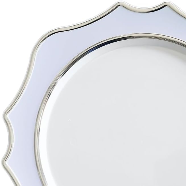 " OCCASIONS " 10 Pieces 13.25'' Scalloped Disposable/Reusable Plastic Charger Plates for Wedding, (Scalloped Imperial Blue & Silver)