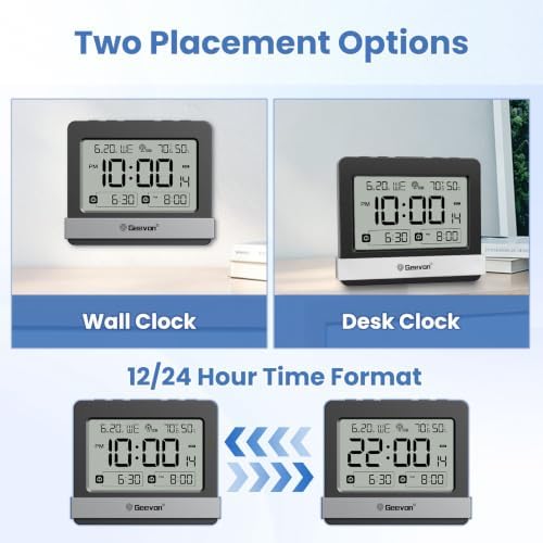 Geevon Atomic Travel Alarm Clock with Indoor Temperature and Humidity | Auto DST Digital Desk Clock Portable Battery Operated with 2 Alarms, Snooze, Light, 3.7" Display for Bedroom Office Study