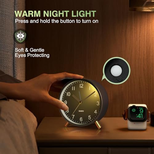 Analog Alarm Clock, Silent Non-Ticking with Night Light, Fashionable Round Metal Alarm Clock for Office, Battery Operated, Clock for Bedroom, Elderly, Adults, Children, Student Gifts