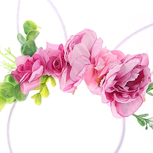 Bubbmi Easter Bunny Ear Headband with Flowers Crown Hairbands Festival Costume Hair Accessories for Women - color: White-red