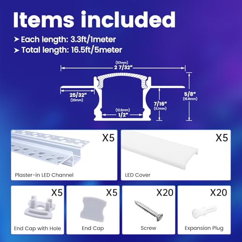 Muzata 5Pack 3.3FT/1M Plaster in LED Channel Trimless Recessed LED Strip Diffuser Channel Spotless Deeper Wider for Drywall Ceiling Wall U117 WW 1M - size: 5pack*1m/3.3ft