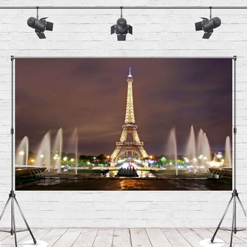 8X6FT Eiffel Tower Backdrop Paris City Square Night Fountain Photography Background for French Landmark Holiday Happy Birthday Banner Wedding Themed Party Photo Booth Props ZH013 ZHTAOYH - size: 8X6FT