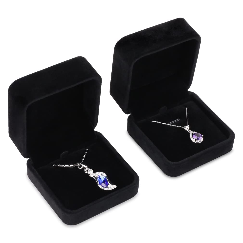 2Pcs Classic Velvet Necklace Box for Jewelry Gift, Black Pendant Display Case for Wedding Engagement Anniversary