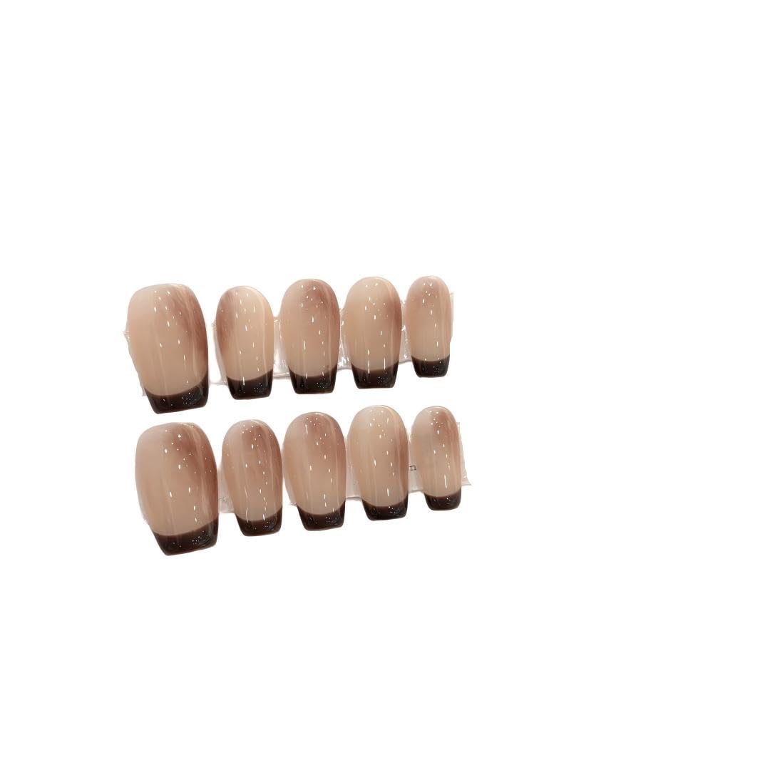 Mocha Gradient French Tip Press On Nails, Medium Almond Shape, Reusable Manicure Set，Gradient Nude Fake Nails for Office Wear (L)