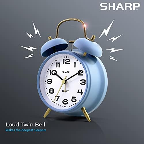 Sharp 4-Inch Twin Bell Alarm Clock for Heavy Sleepers, Cornflower Blue