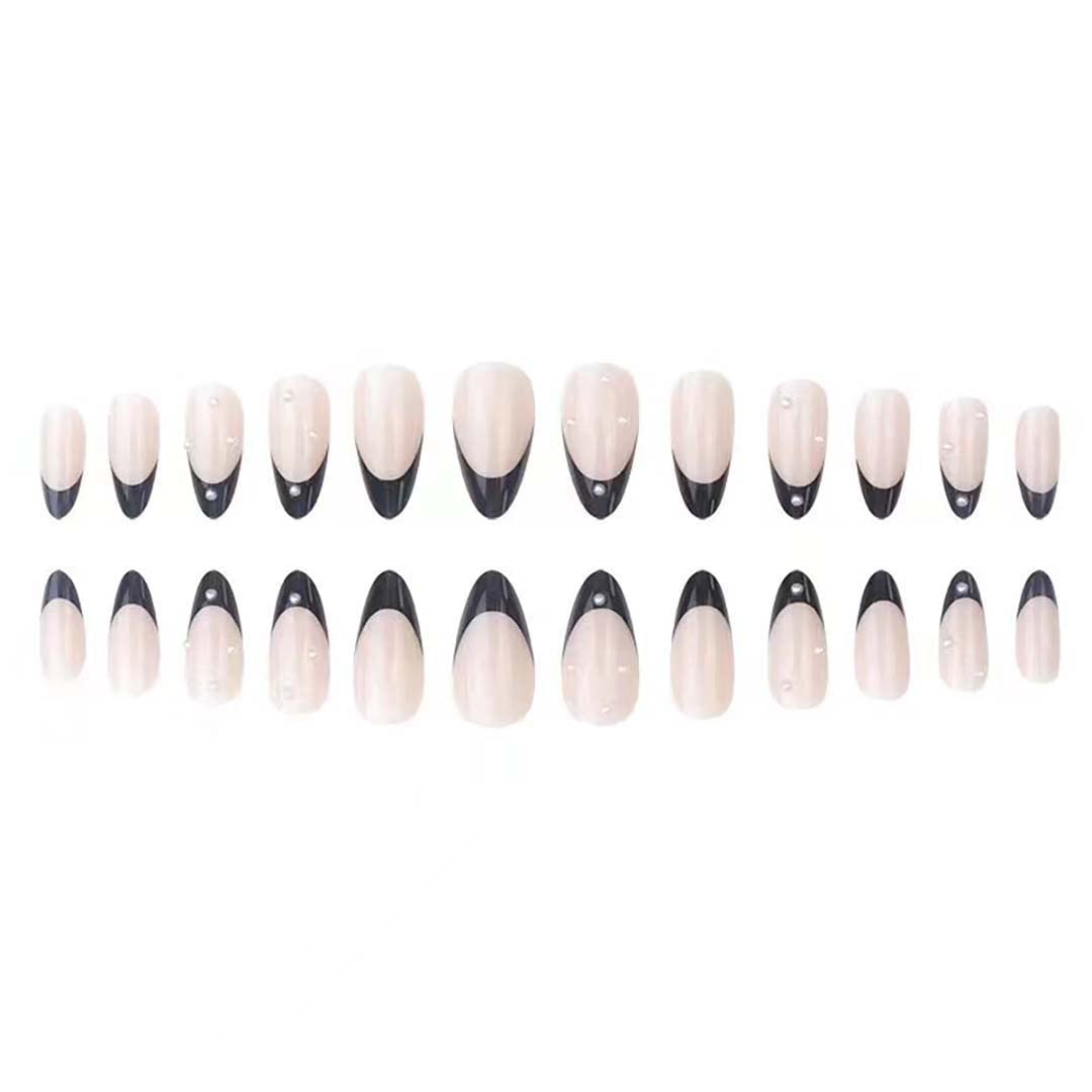RikView French Tip Press on Nails Medium Acrylic Nails with Pearls Black Press on Nails Almond Fake Nails